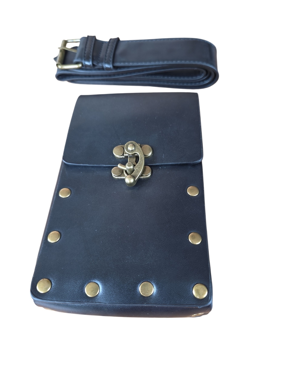 Steam Punk Black Faux Leather Belt Bag Phone Pouch with Brass Studs